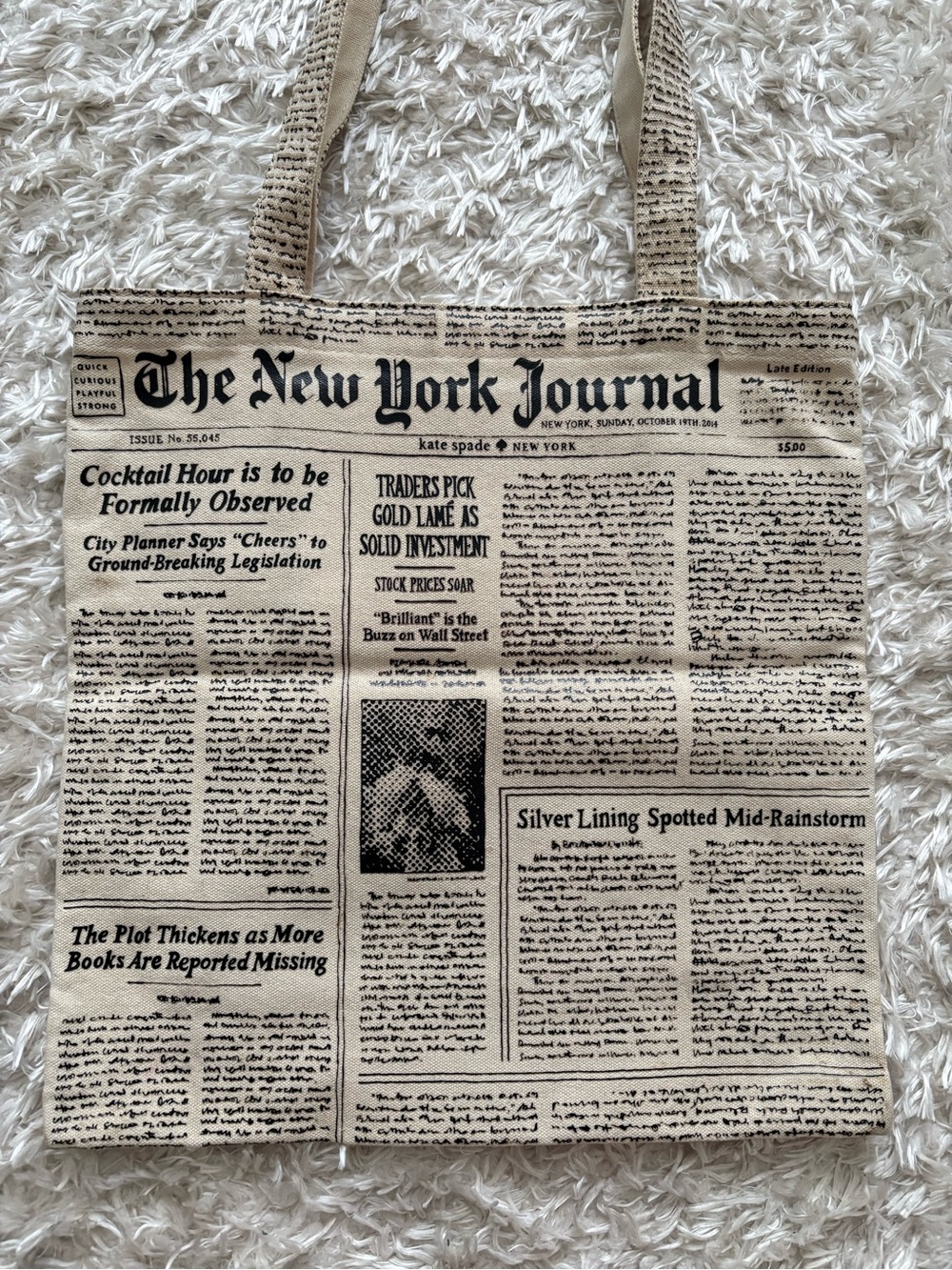 kate spade ‘The New York Journal’ Newspaper Print Canvas Tote Beige Black Laptop - Picture 2 of 5